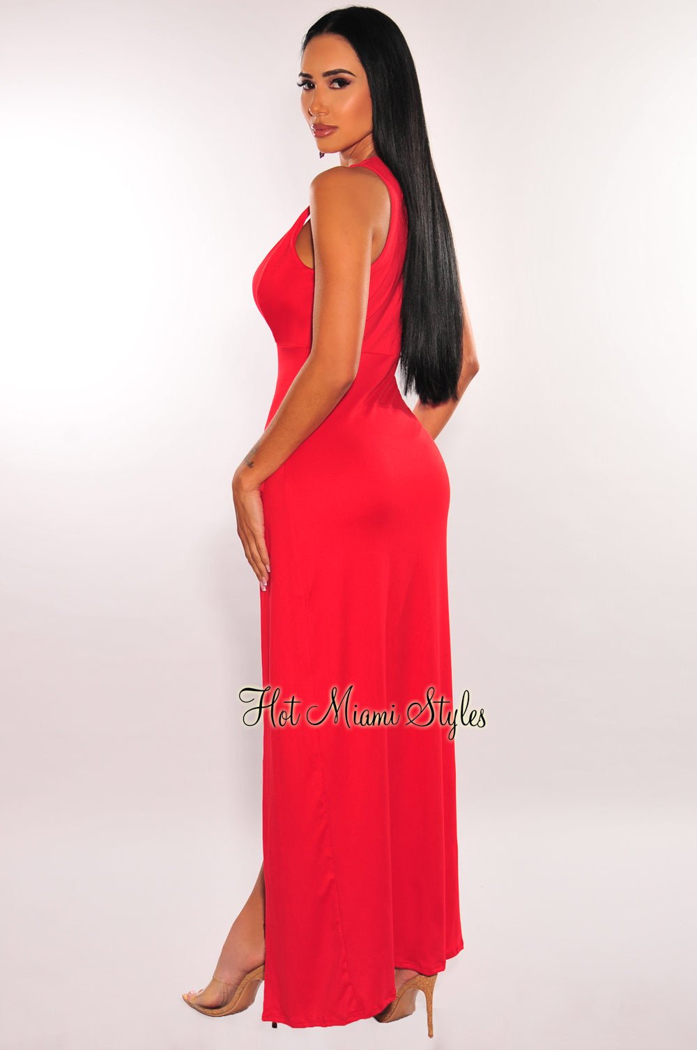 Red Sleeveless V Neck Double Slit Cover Up Maxi Dress