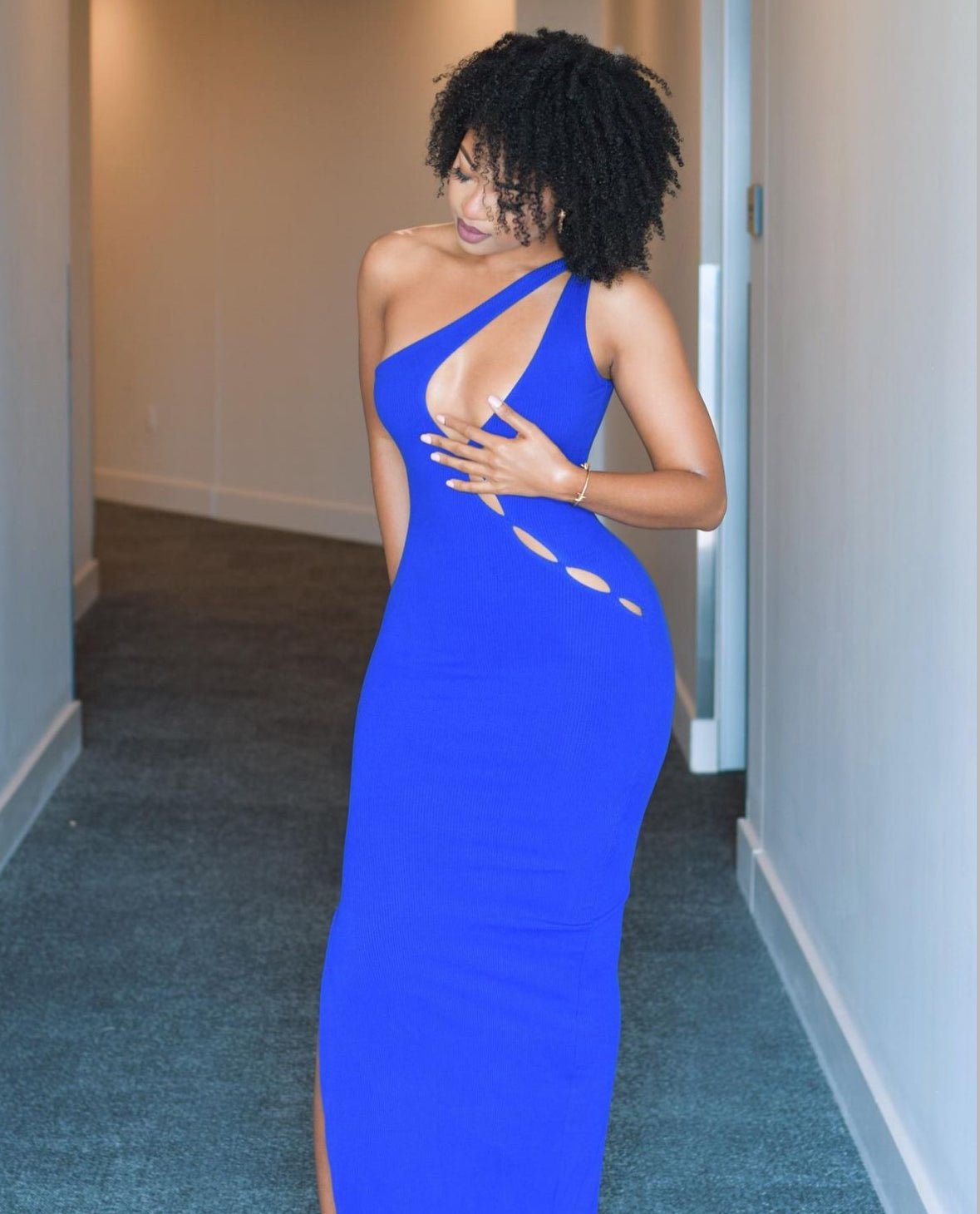 Royal Blue Ribbed One Shoulder Cut Out Slit Dress