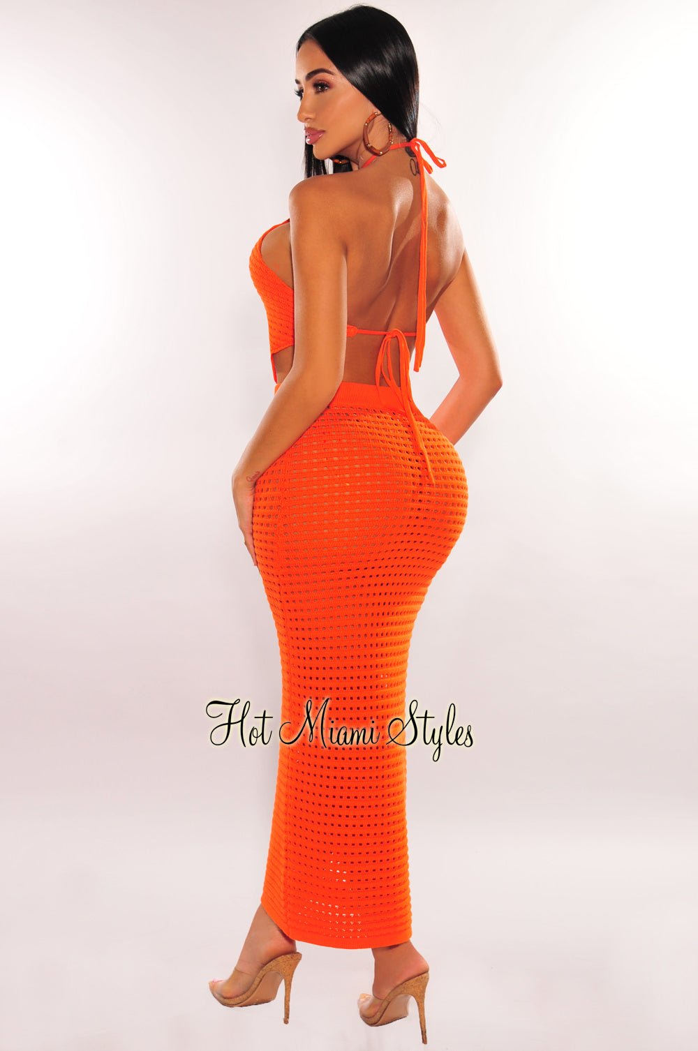 Tangerine Crochet Halter Hanky Hem Skirt Two Piece Set