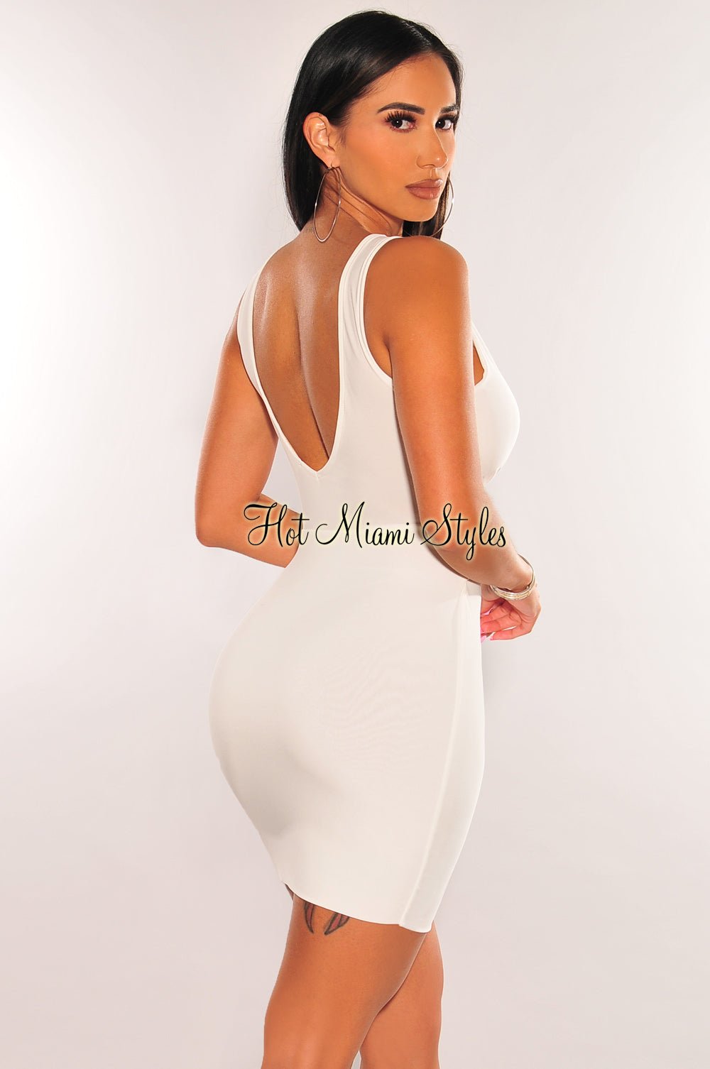 White Sleeveless O-Ring Cut Out Open Back Mini Dress