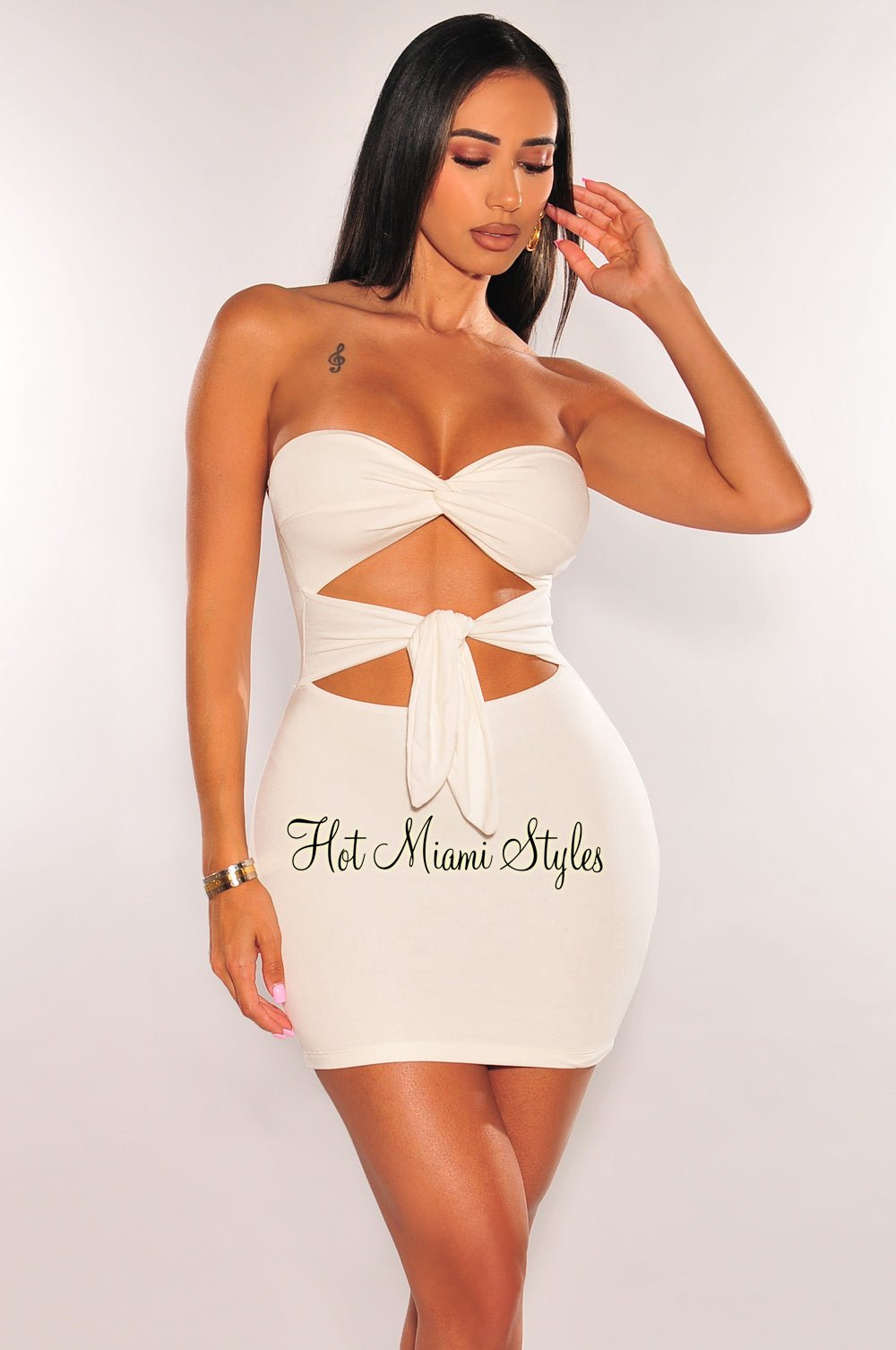 White Strapless Cut Out Knotted Tie Up Mini Dress