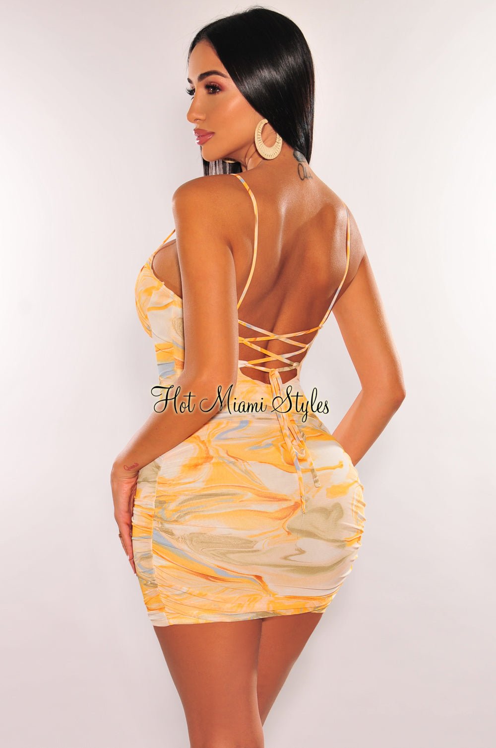 Yellow Watercolor Print Padded Ruched Criss Cross Back Dress