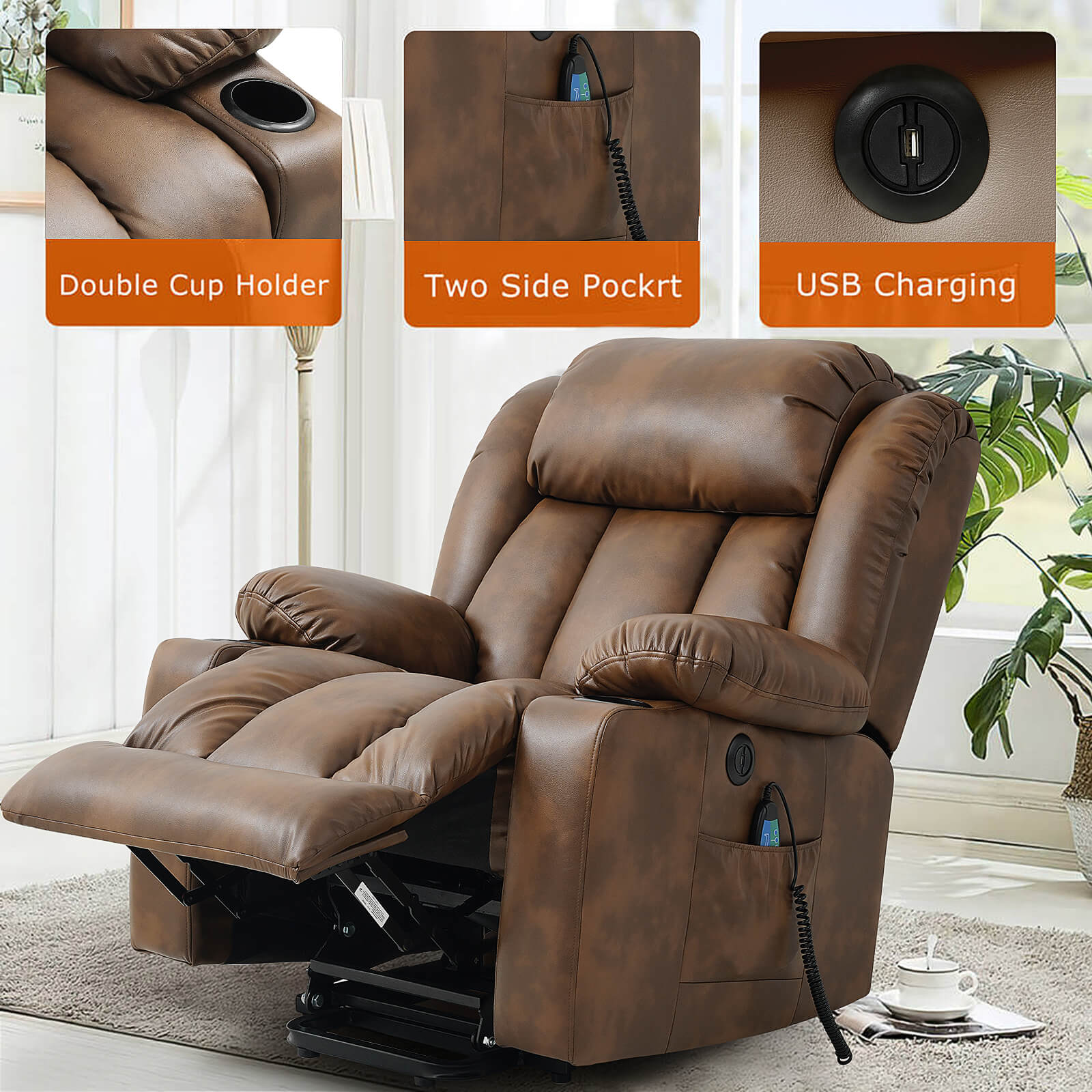 Luxury Power Lift Recliner Chair With Vibration Massage and Heating, 34.6