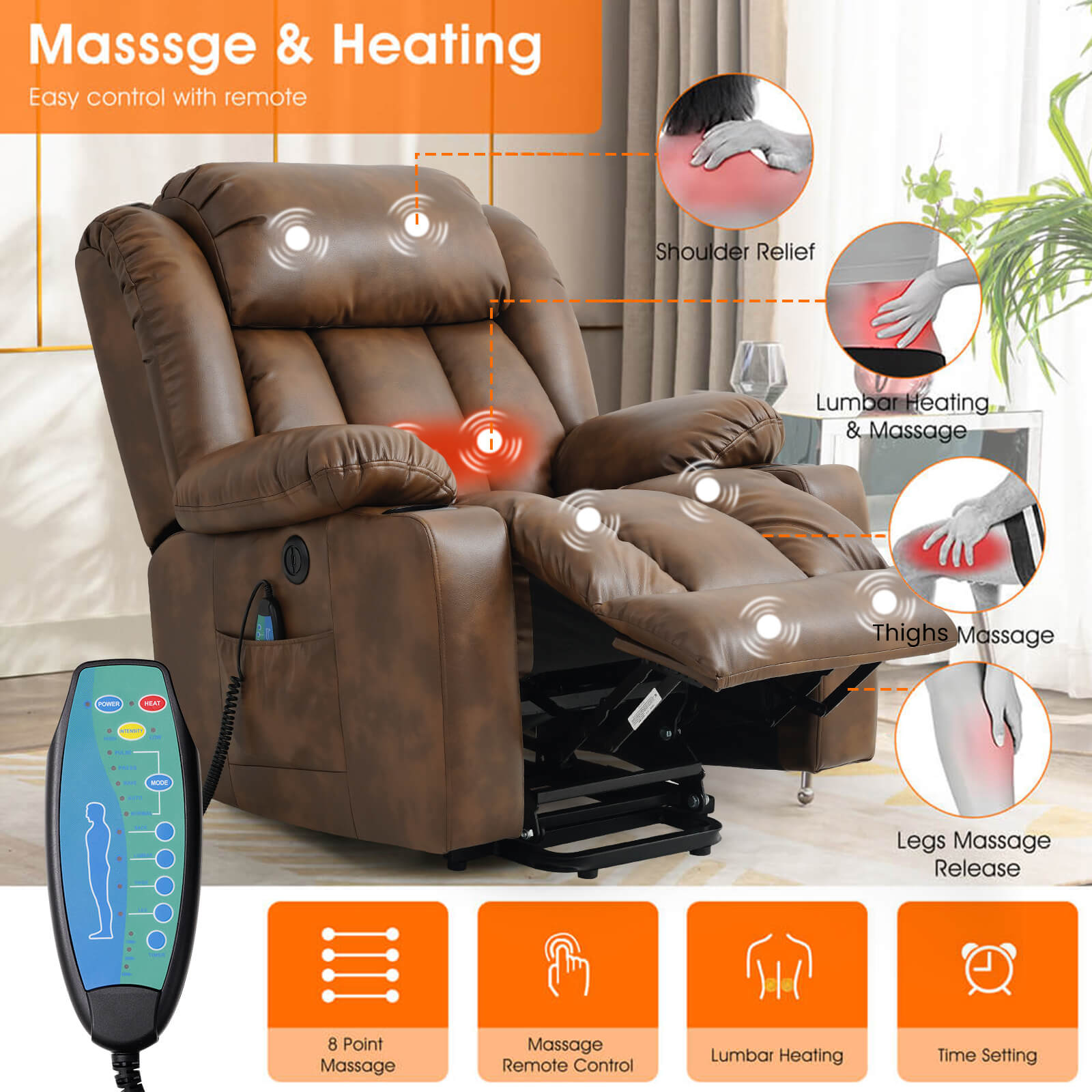 Luxury Power Lift Recliner Chair With Vibration Massage and Heating, 34.6