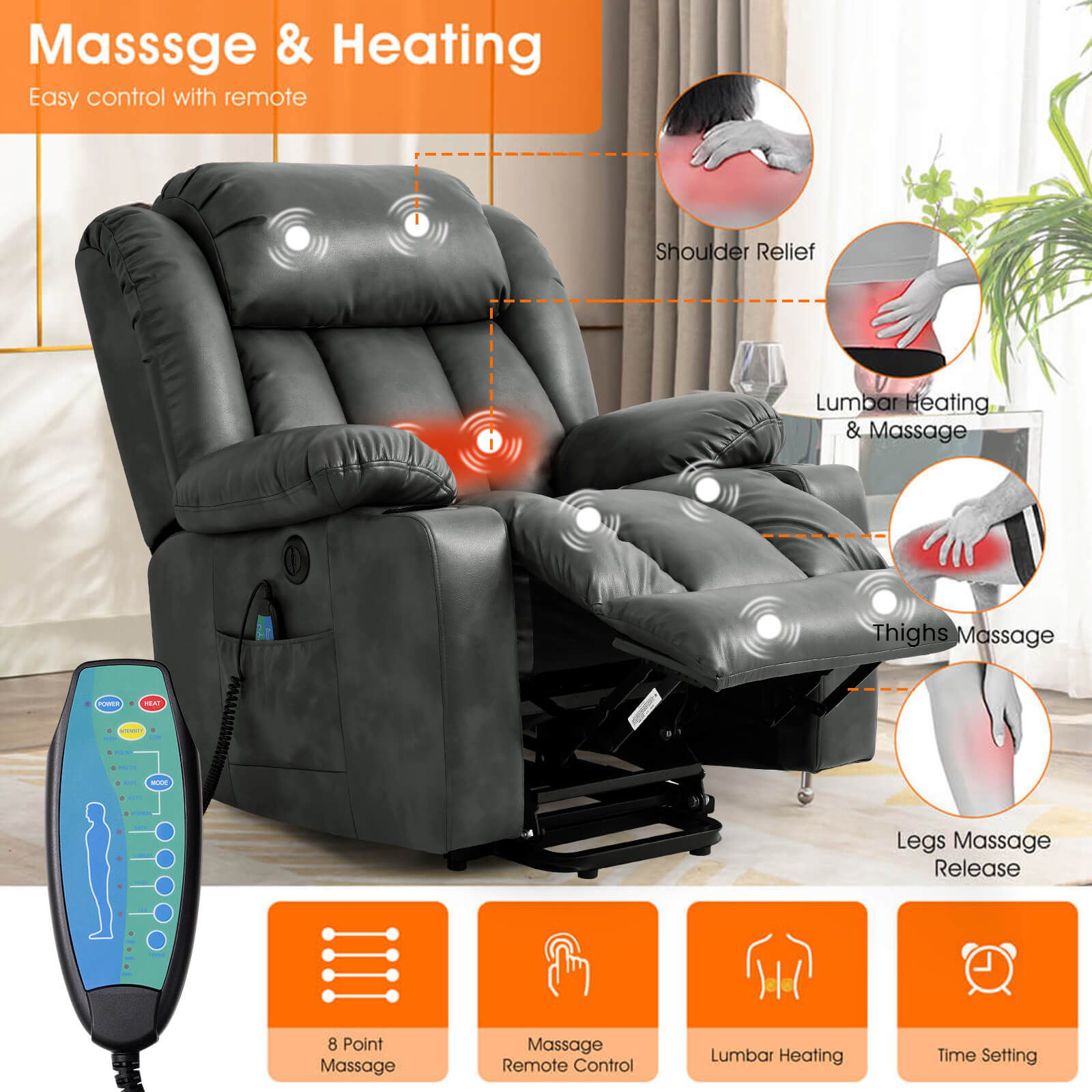 Luxury Power Lift Recliner Chair With Vibration Massage and Heating, 34.6