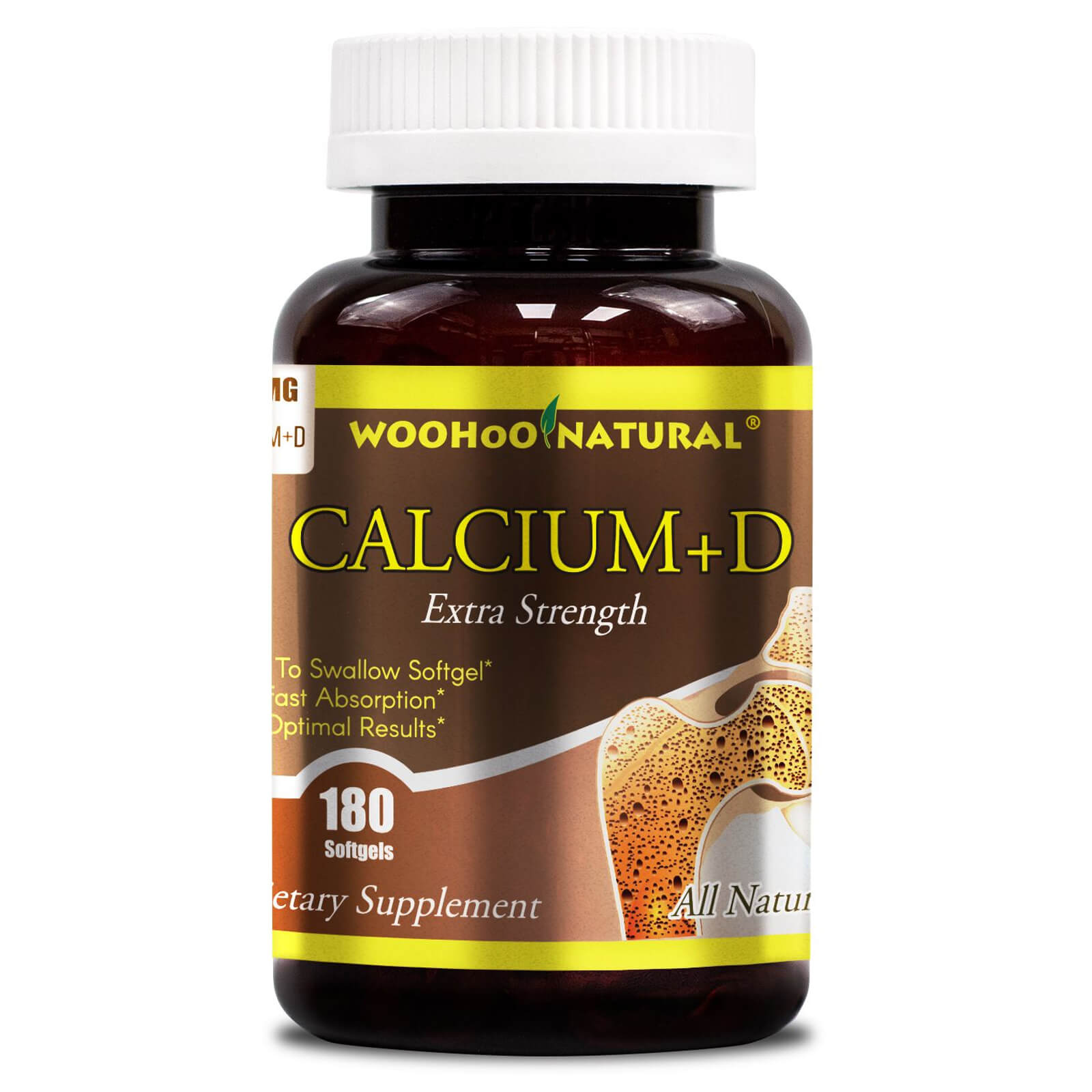 CLEARANCE! WooHoo Natural Calcium with Vitamin D Extra Strength 600 mg 180 Softgels, BEST BY 01/2024