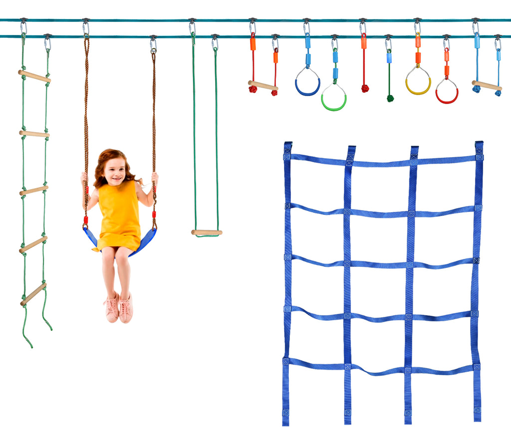 Ninja Warrior Obstacle Course for Kids, 2×56ft Slackline Kit with 8 Ninja  Accessories - Monkey Bar, Rope Ladder, Gymnastic Ring, Arm Trainer and