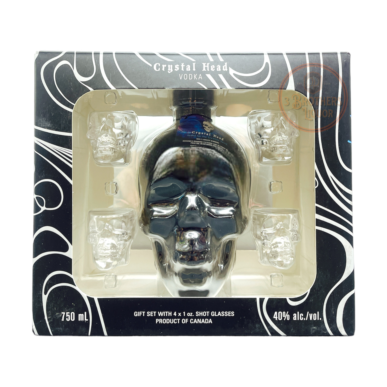 Crystal Head Onyx Black Edition Vodka Gift Set W/ 4 Shot Glasses