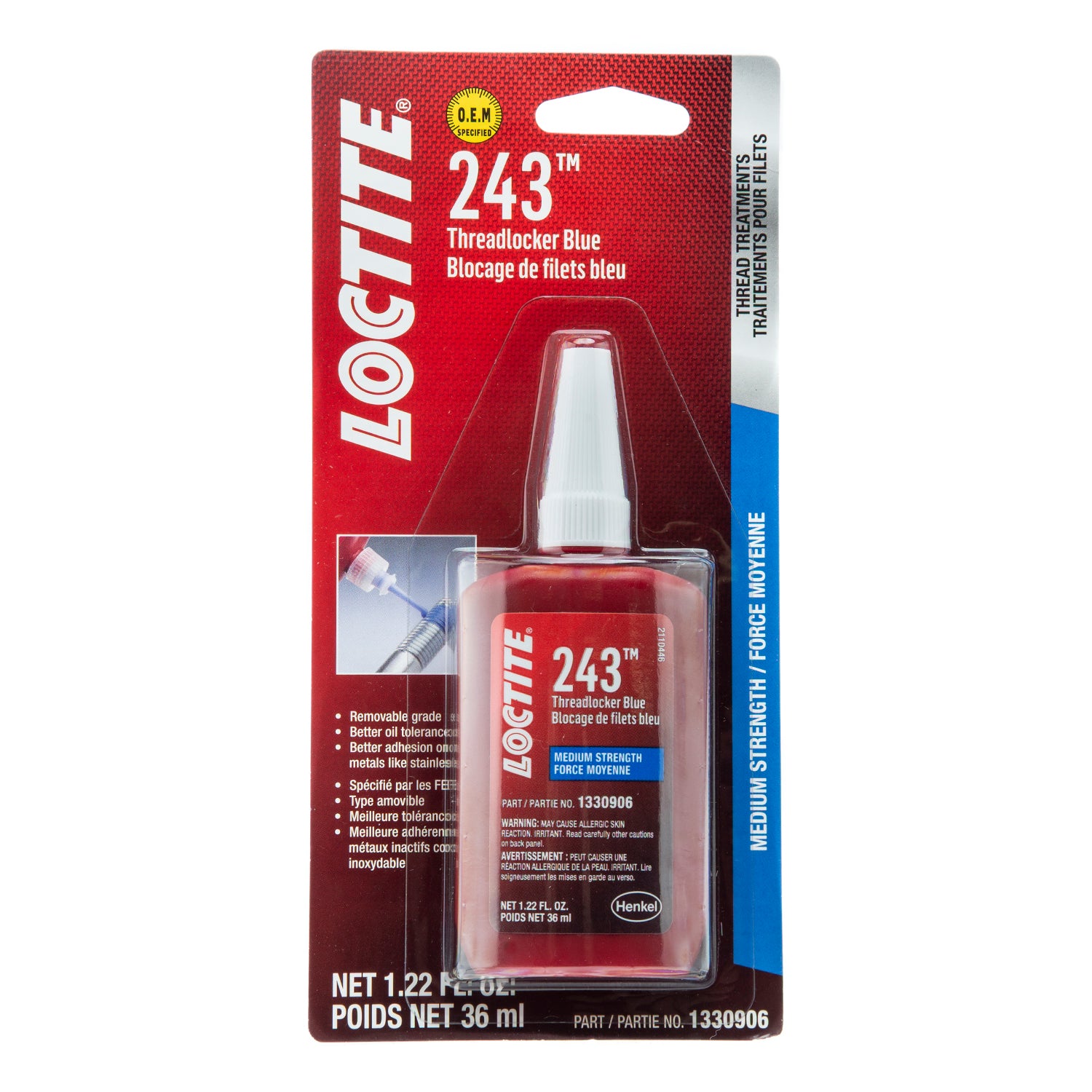 Loctite 243 Blue Medium Strength Threadlocker for Automotive (1330906) - 36mL Bottle