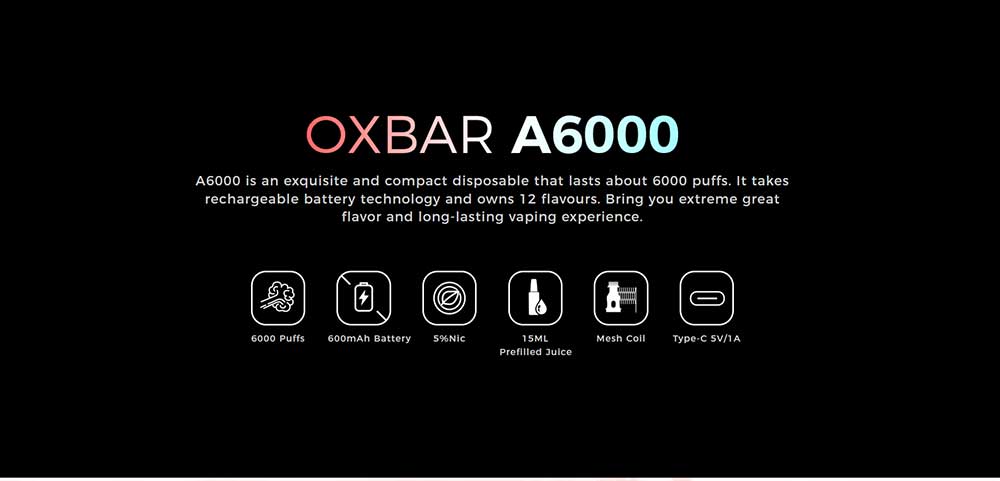 OXBAR A6000
The Oxbar G8000 rechargeable vape uses 16ml of quality vape juice and a USB-C charging port to provide a long-lasting experience