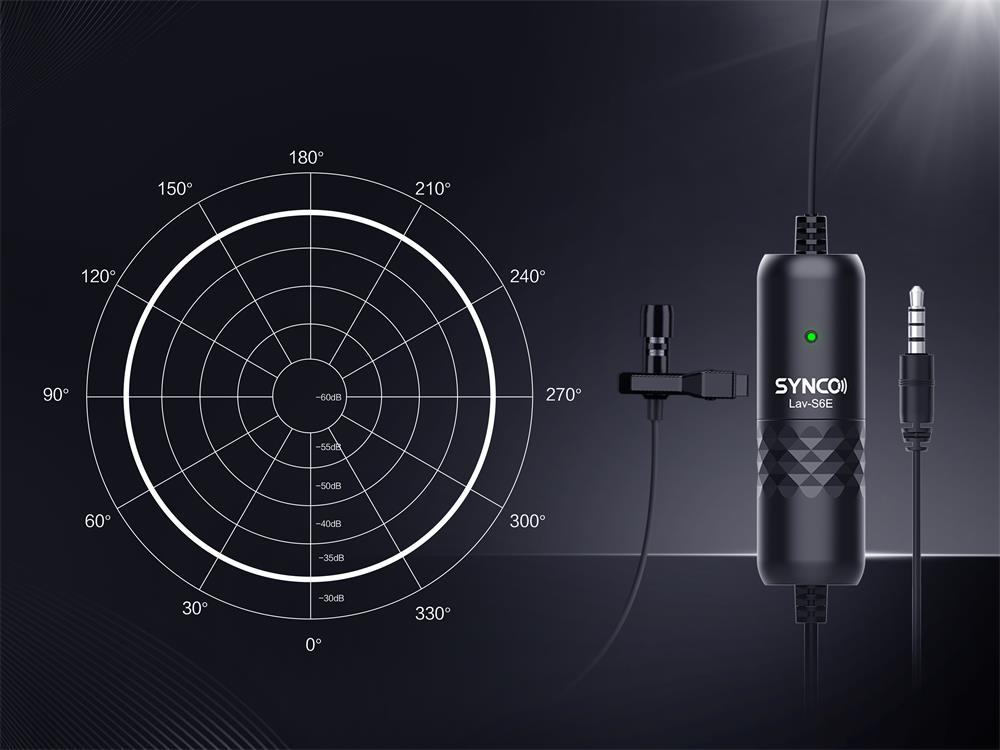 El micrófono omnidireccional SYNCO Lav-S6E presenta un patrón polar de micrófono omnidireccional que captura sonidos de todas las direcciones.