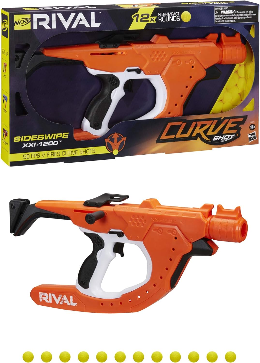 NERF Rival Curve Shot Sideswipe XXI-1200 Blaster Fire Rounds to Curve Left, Right, Downward or Fire Straight 12 Rival Rounds
