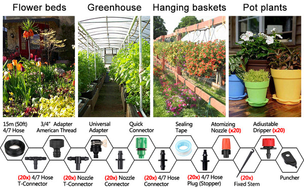 50ft/15m Plant Watering Kit with Distribution Tubing Hose Adjustable Nozzles