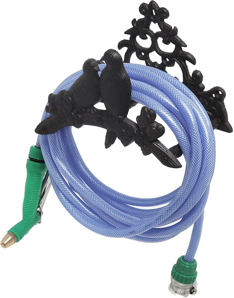 Wall Mounted Cast Iron Garden Hose Hanger Rack with Bird Ornament and Tree Branch Design