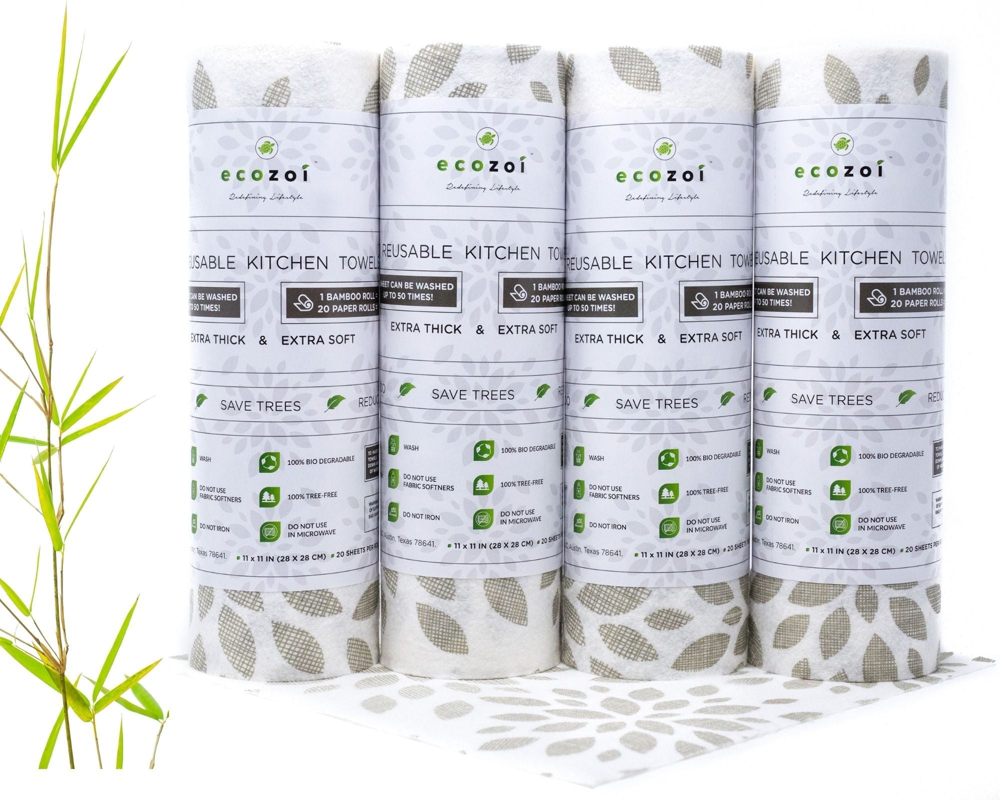 ecozoi Bamboo Kitchen Paper Towels, Reusable Tree-Free Rolls with Design, 4 Pack