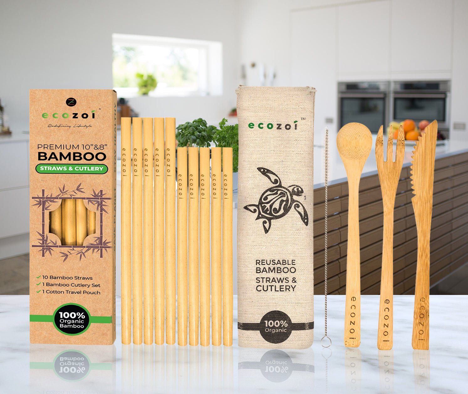 ecozoi Organic Bamboo Straws and Cutlery Set with Cotton Travel bag