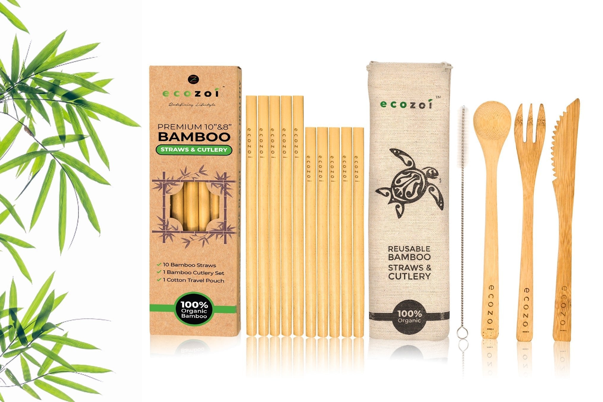 ecozoi Organic Bamboo Straws and Cutlery Set with Cotton Travel bag