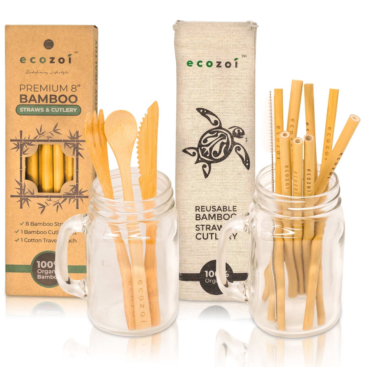 ecozoi Organic Bamboo Straws and Cutlery Set with Cotton Travel bag