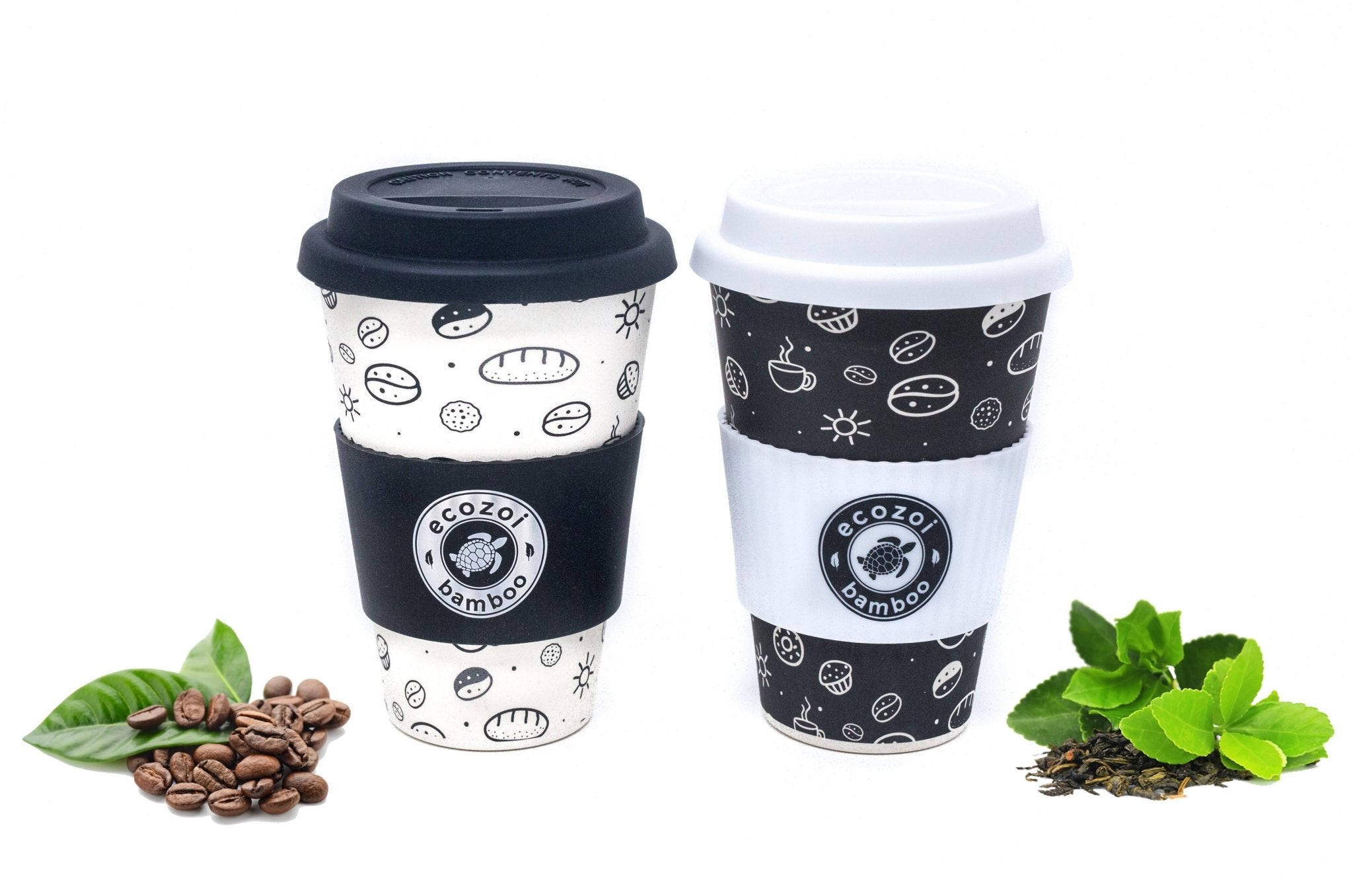 ecozoi Reusable Bamboo Coffee Cups with Silicon Lid and sleeve, 16 oz, Set of 2