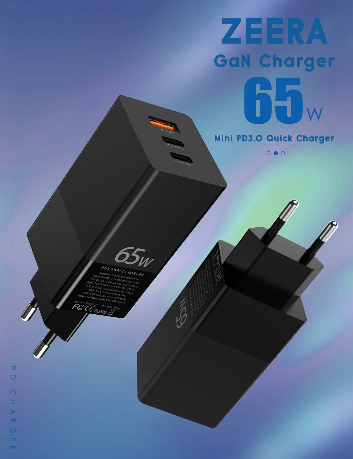 ZEERA 65W Fast Charging PD GaN Wall Charger for iPhone 13 Pro Max, MacBook Pro,iPad Pro, Galaxy S21 Ultra