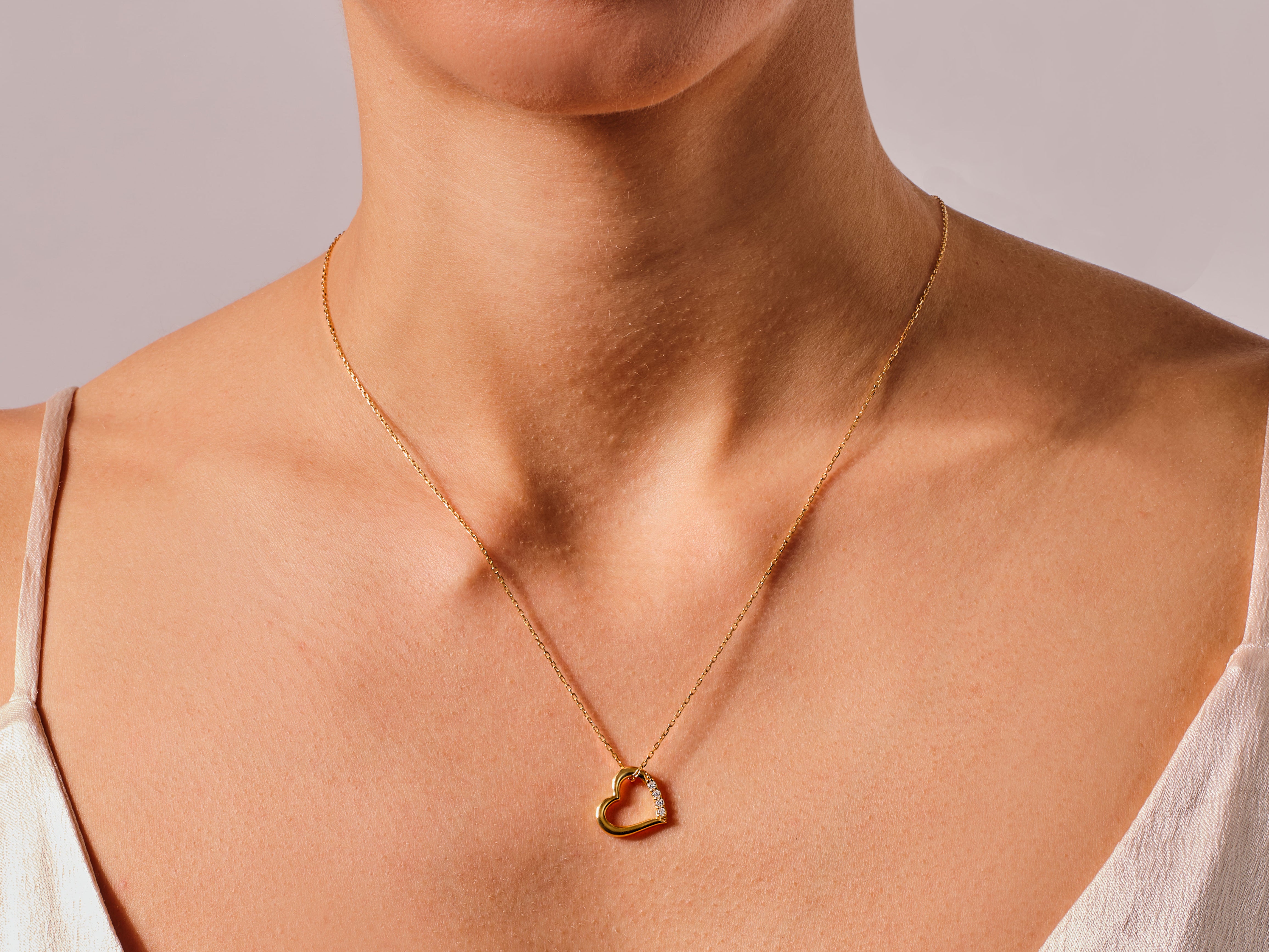 Open Heart Diamond Charm Necklace in 14k Solid Gold