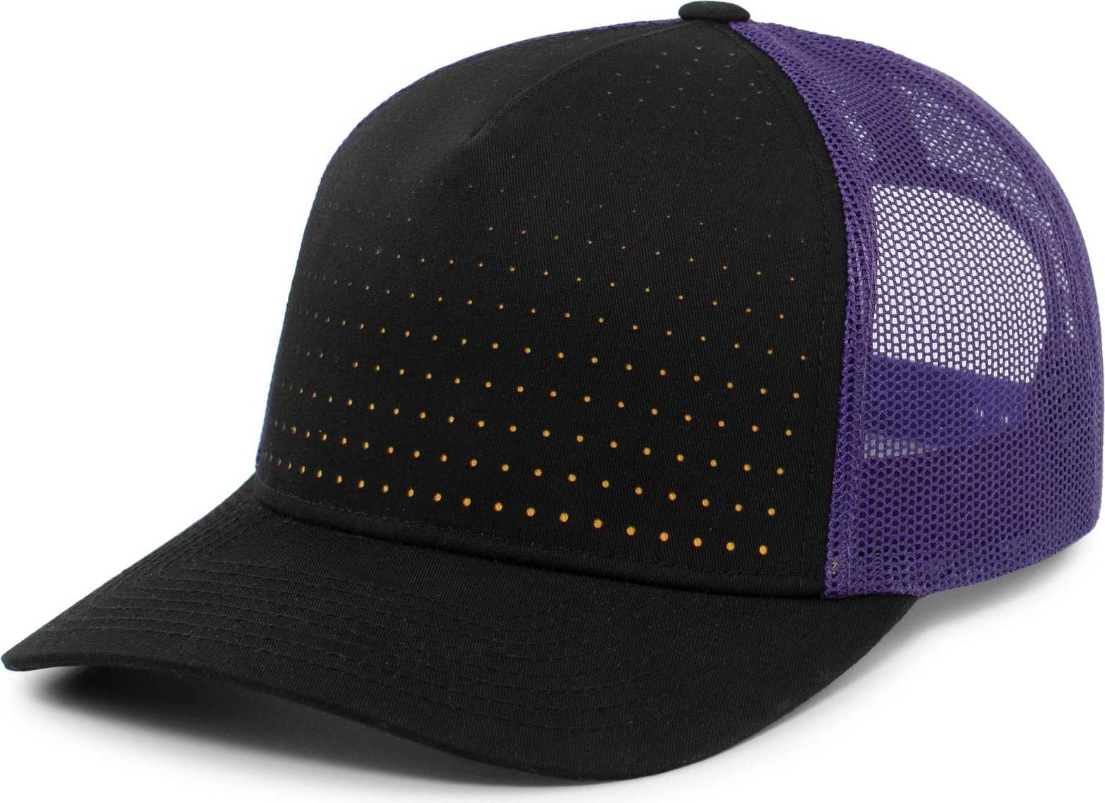 Pacific Headwear 105P Perforated 5 Panel Trucker Snapback Cap - Black Purple Gold