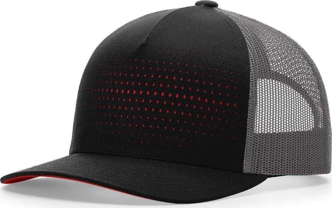 Richardson 163 Laser Cut Five Panel Trucker Cap - Black Charcoal Red