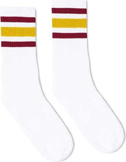 Socco SC100 USA-Made Striped Crew Socks - White Maroon Vegas Gold