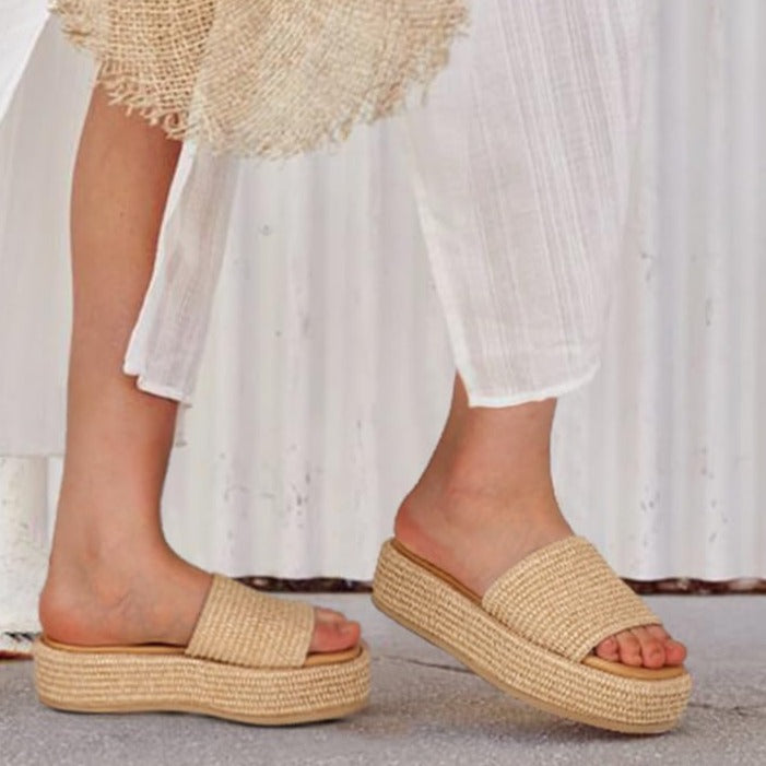 EQAUDES Platform Sandals for Women Espadrille Sandals Wedge Sandals for Women Cute Beach Straw Raffia Sandals Comfortable Brown Sandals Vacation for Women