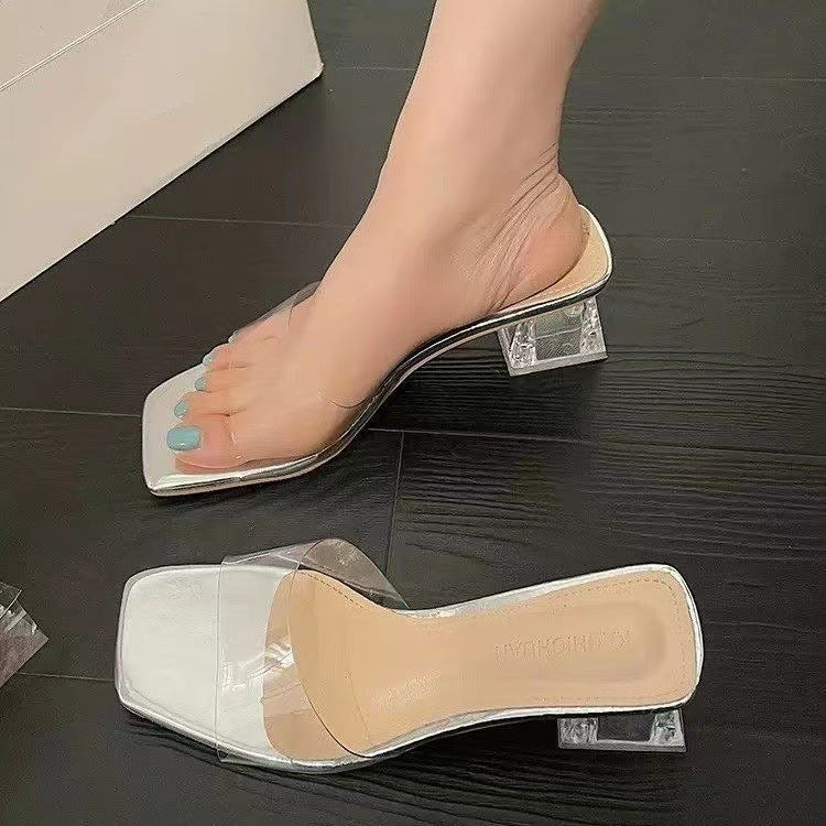 2024 Summer New Fashion Outwear Sandals Transparent Crystal High Heels Thick Heels Square Head Slips for Women