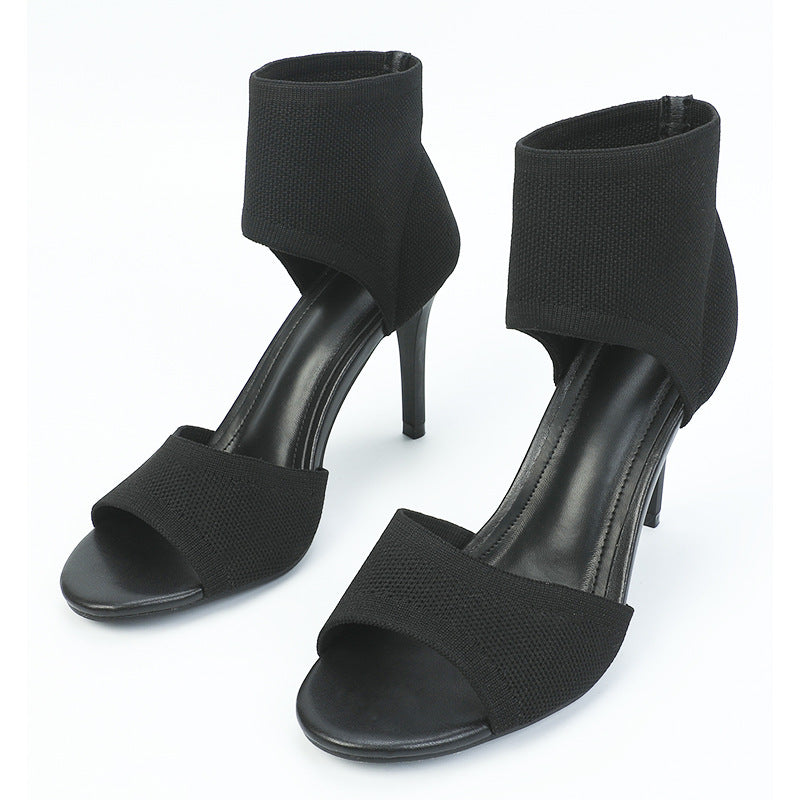 Heels 2024 new European and American women shoes with high heels and slim black flying woven fishmouth sandals.