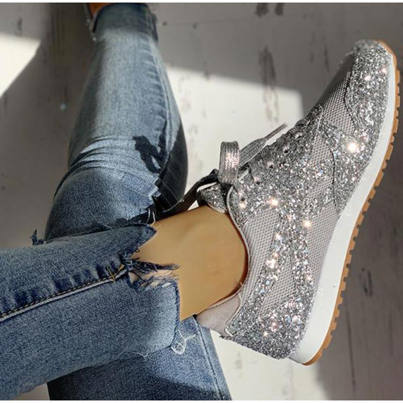 Women Flat Glitter Bling Sneakers