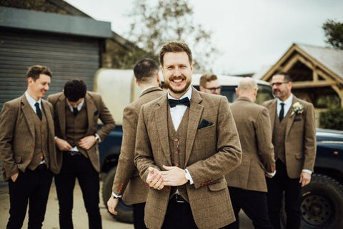 brown herringbong tweed suit for wedding