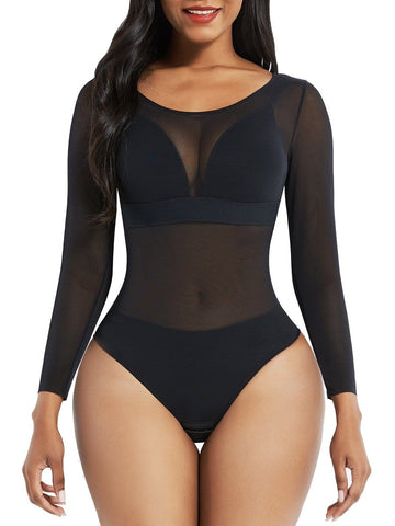 Black Long Sleeves Mesh Thong Bodysuit Shapewear Flatten Tummy