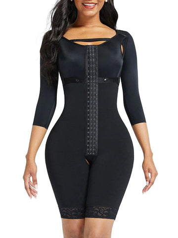 Lace Trim Hourglass Body Shaper With Sleeves Good Elastic