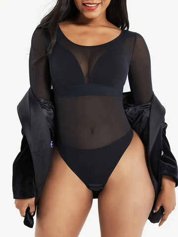 Wholesale Black Long Sleeves Mesh Thong Bodysuit Shapewear Flatten Tummy