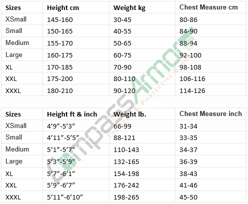 ltra Thin Bulletproof Body Armor Shirt Vest Level IIIA size chart