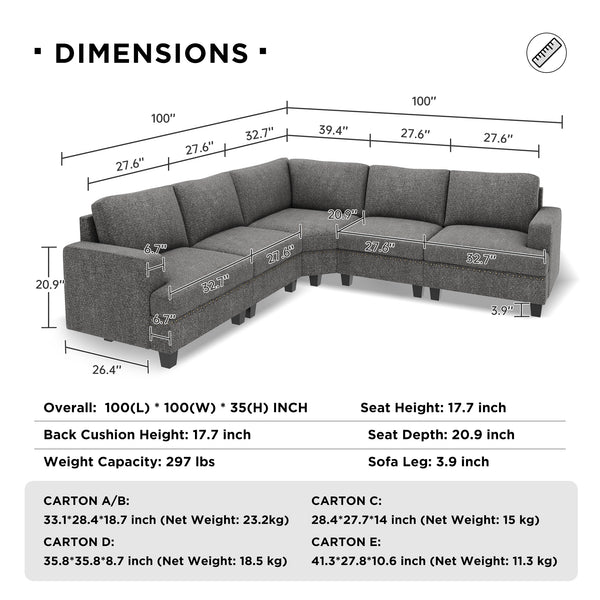 6-Piece Polyester Modular Sectional With Storage Ottoman