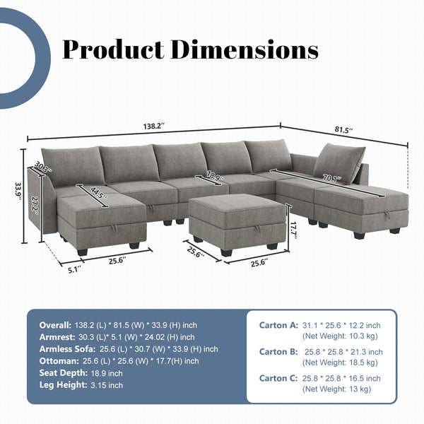 9-Piece Polyester Modular Sectional With Storage Seat With Dimensions