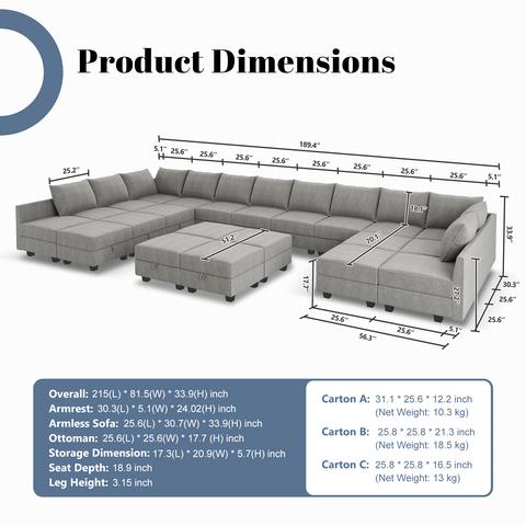 22-Piece Polyester Modular Sleeper Sectional and its dimensions