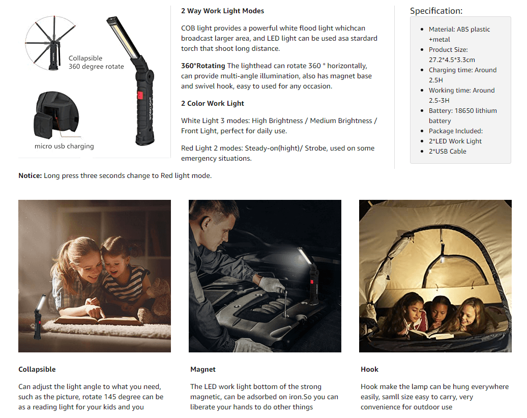 Luz de trabajo LED giratoria de 360 grados con 5 modos y base magnética