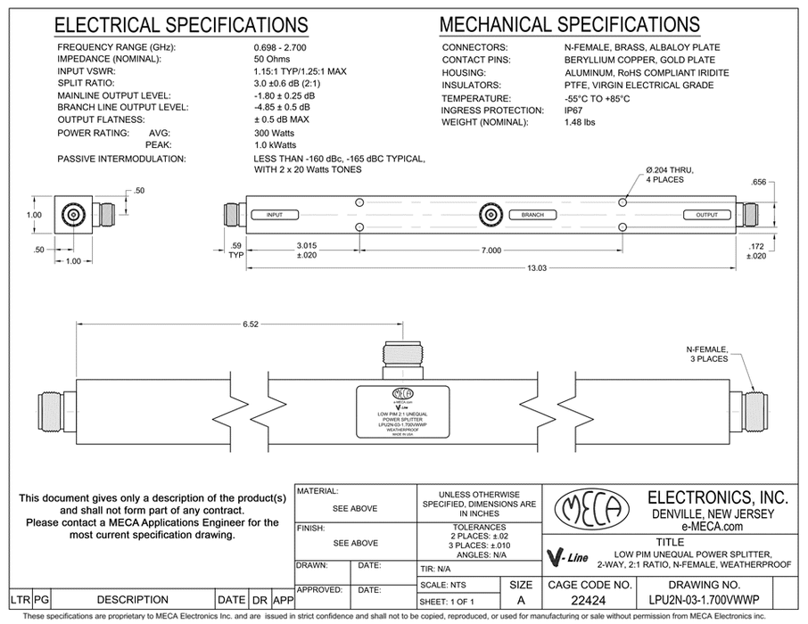 LPU2N-03-1.700VWWP N-Female  Low PIM Unequal Tapper electrical specs