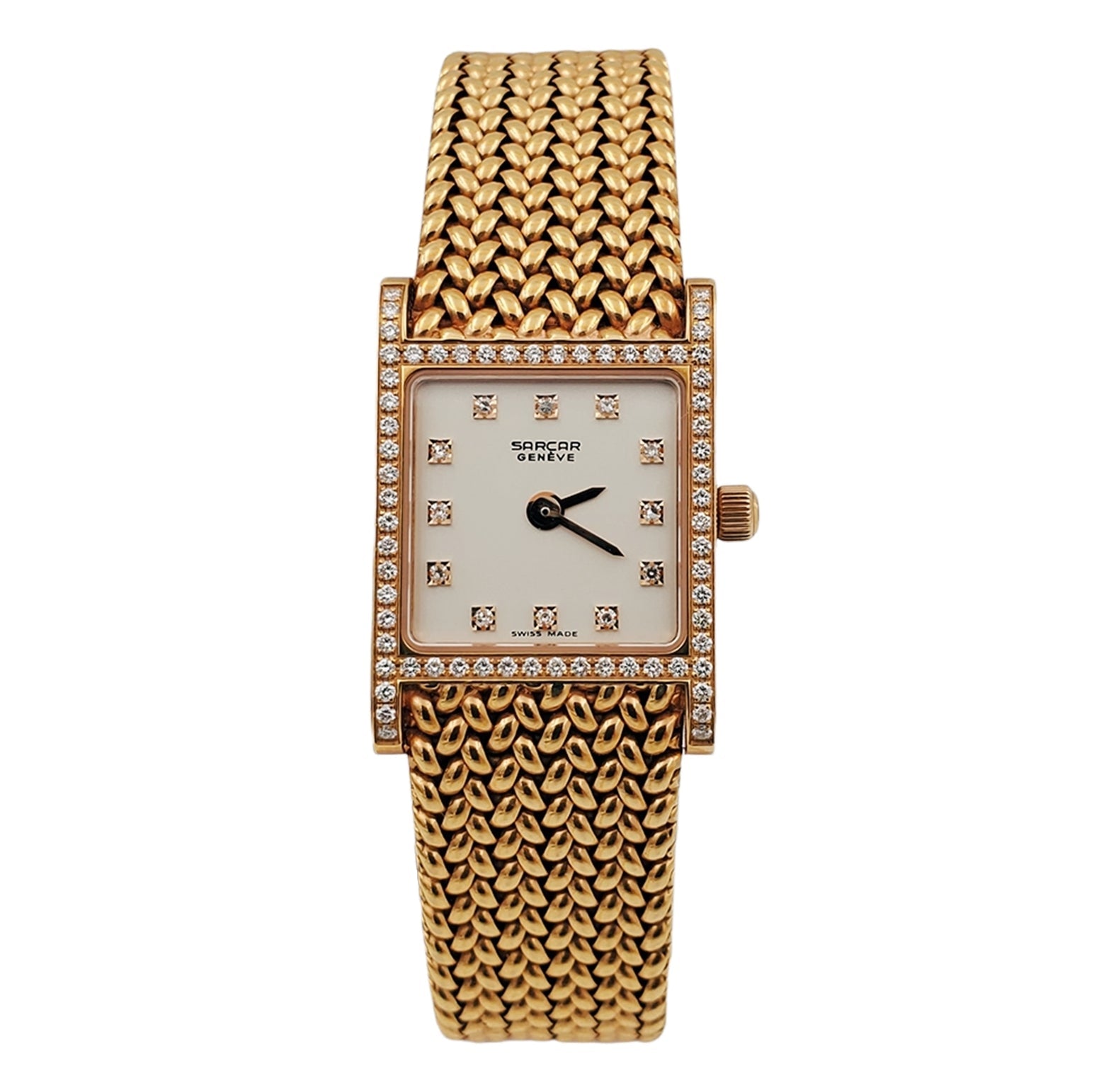 Ladies Sarcar Time Square Lady 18K Yellow Gold Watch with Solid Gold Band, Pearl White Diamond Dial and Diamond Bezel. (NEW 51503)