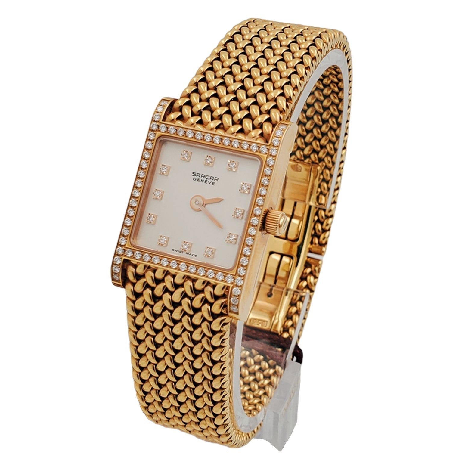 Ladies Sarcar Time Square Lady 18K Yellow Gold Watch with Solid Gold Band, Pearl White Diamond Dial and Diamond Bezel. (NEW 51503)