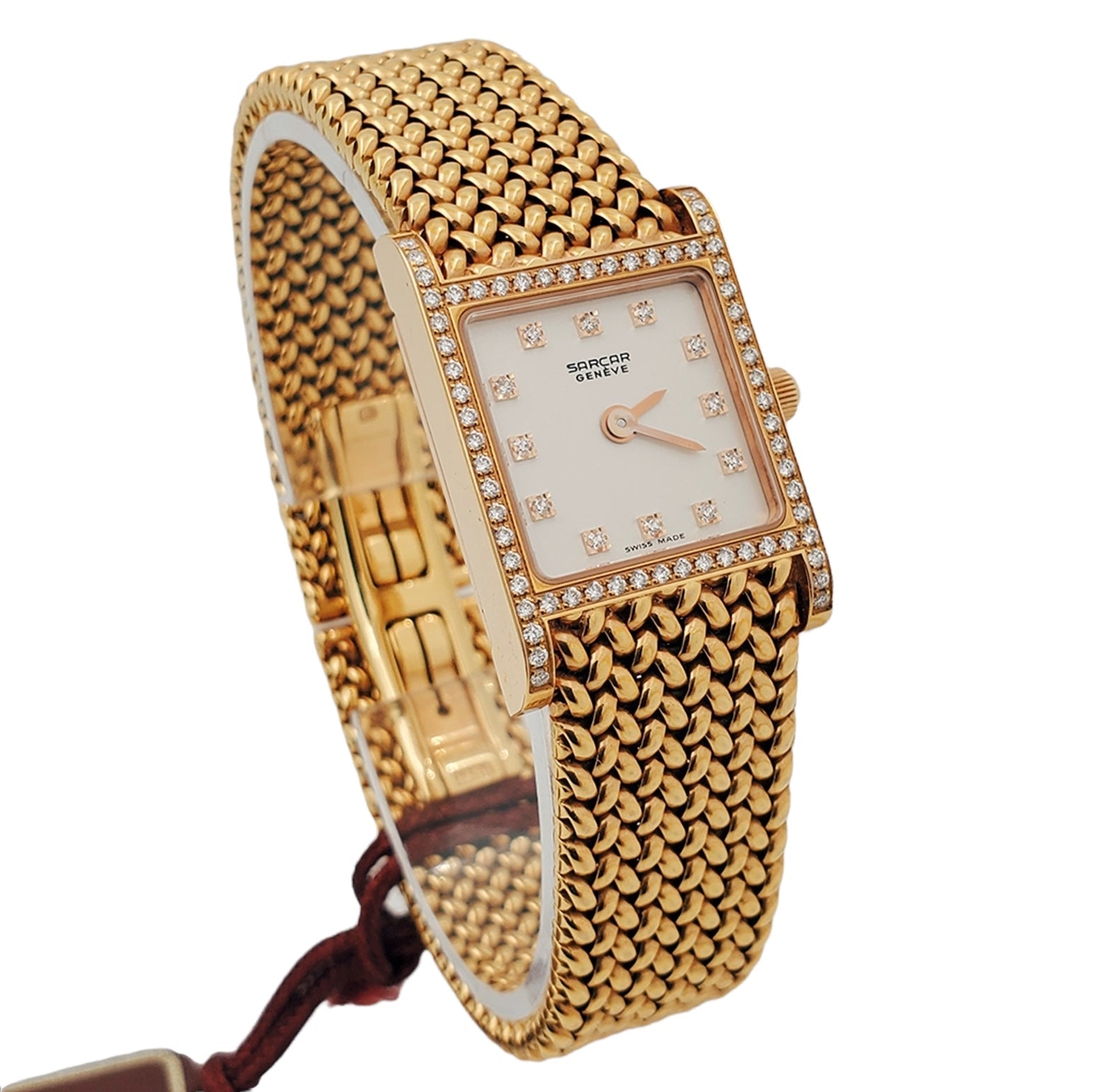 Ladies Sarcar Time Square Lady 18K Yellow Gold Watch with Solid Gold Band, Pearl White Diamond Dial and Diamond Bezel. (NEW 51503)