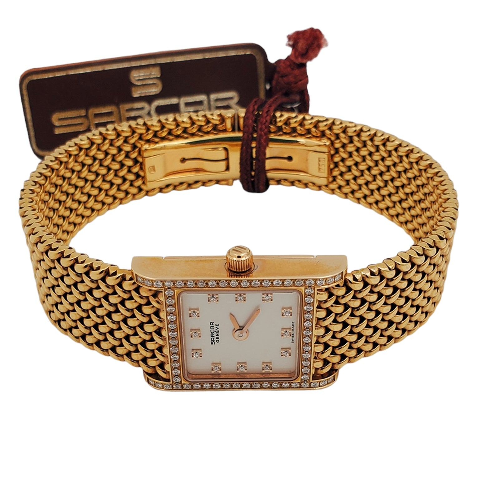 Ladies Sarcar Time Square Lady 18K Yellow Gold Watch with Solid Gold Band, Pearl White Diamond Dial and Diamond Bezel. (NEW 51503)