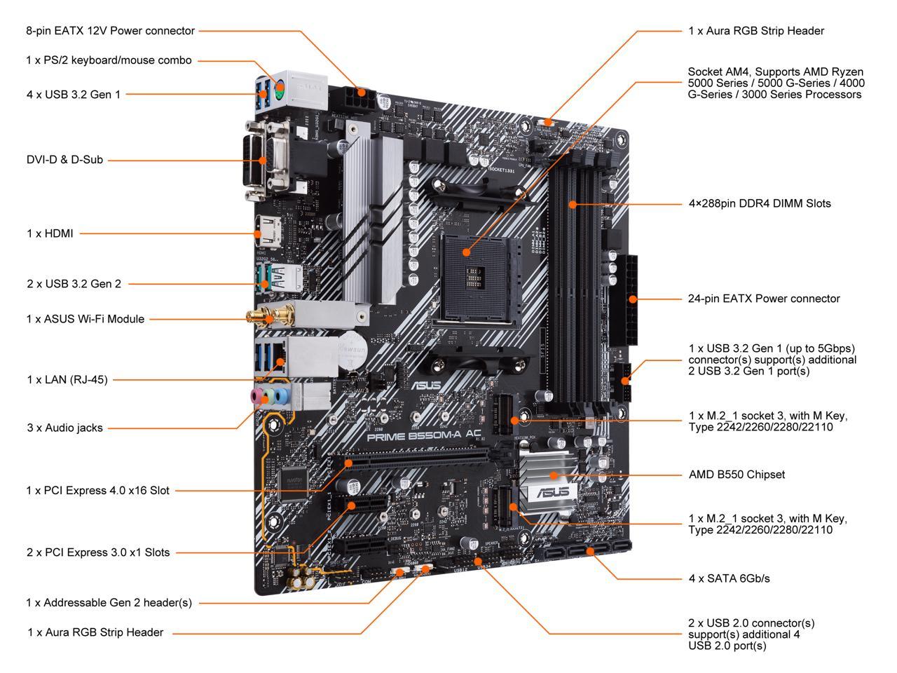 ASUS PRIME B550M-A AC AM4 AMD B550 SATA 6Gb/s USB 3.0 HDMI Micro ATX AMD Motherboard