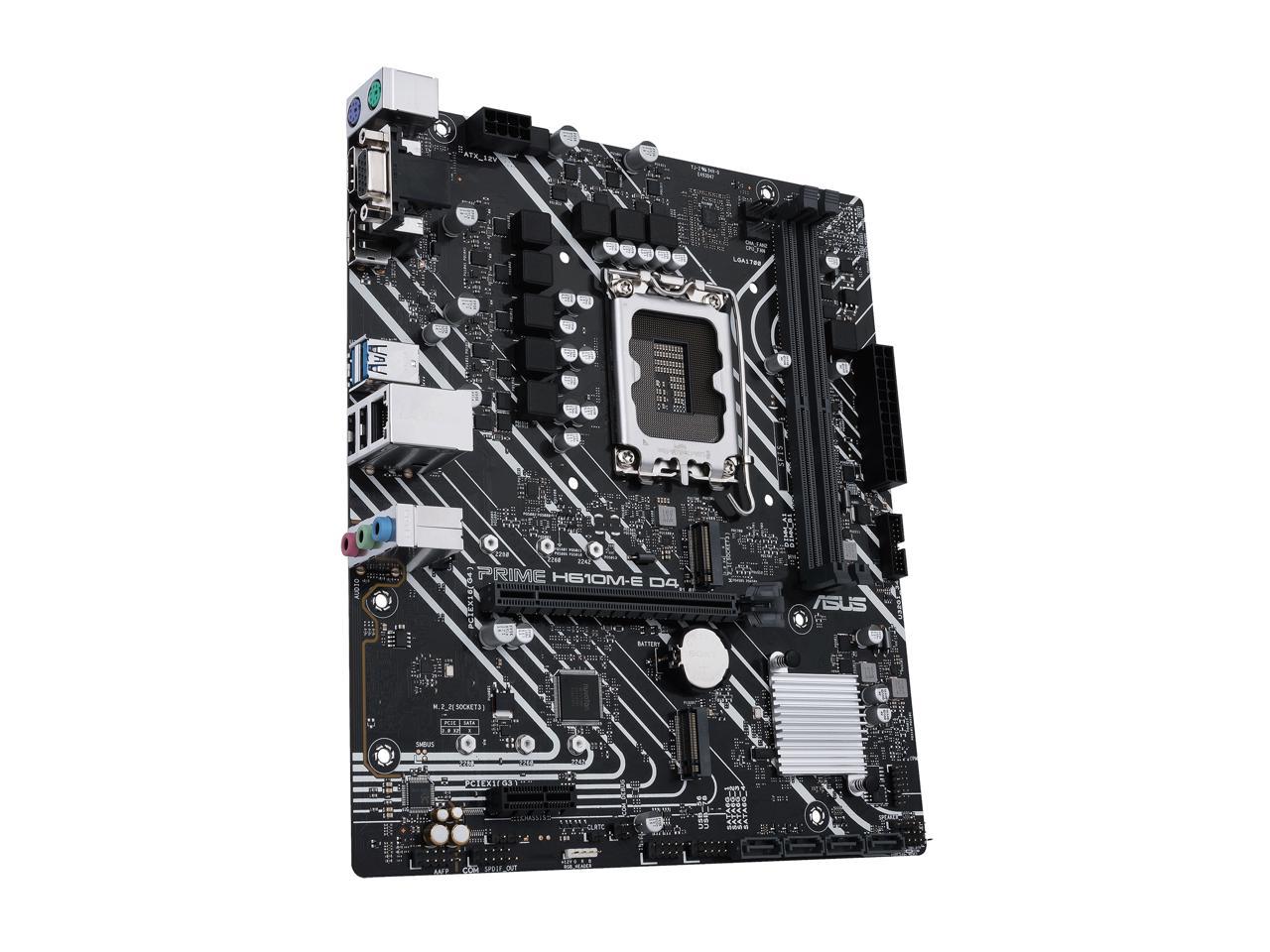 ASUS PRIME H610M-E D4 LGA 1700 (Intel 12th & 13th Gen) mATX Motherboard (PCIe 4.0, DDR4, 2xM.2 slots, 1Gb LAN, DisplayPort/HDMI/D-Sub, USB 3.2 Gen 1 ports, SATA 6 Gbps, COM header, RGB header)