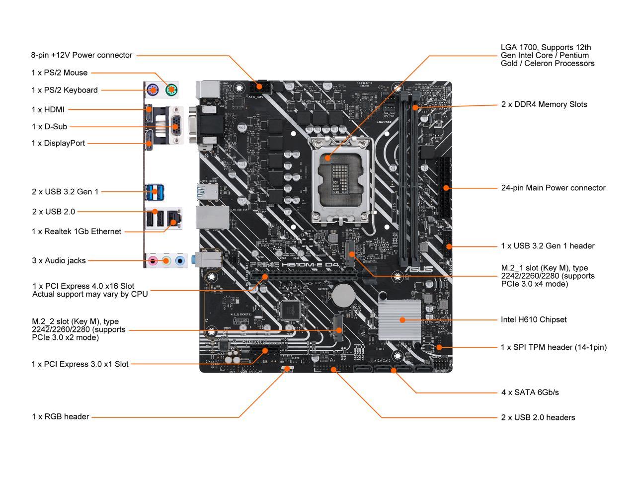 ASUS PRIME H610M-E D4 LGA 1700 (Intel 12th & 13th Gen) mATX Motherboard (PCIe 4.0, DDR4, 2xM.2 slots, 1Gb LAN, DisplayPort/HDMI/D-Sub, USB 3.2 Gen 1 ports, SATA 6 Gbps, COM header, RGB header)