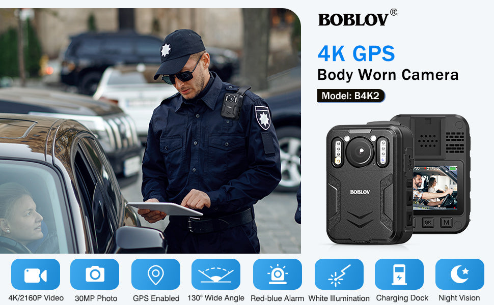 BOBLOV B4K2 4K body camera with GPS and two 3000mAh batteries for extended 14-16 hours recording, including charging dock6